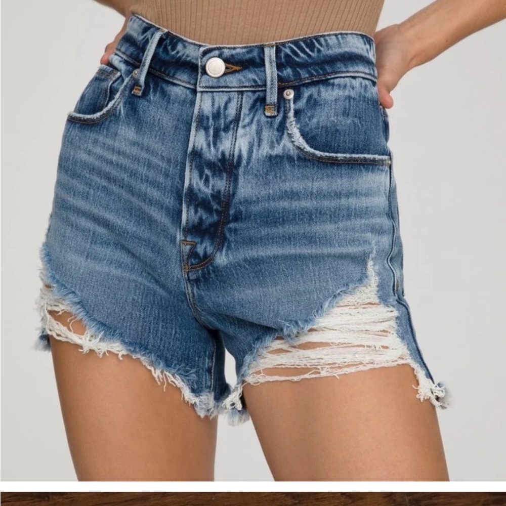 Good American Jean Shorts - The Bombshell Distressed Stretch Denim High‎ Waisted